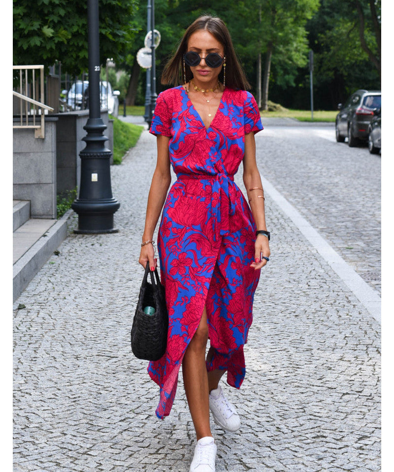 Casual Floral Wraparound Midi Dress