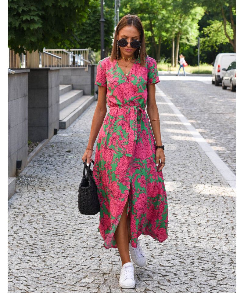 Casual Floral Wraparound Midi Dress