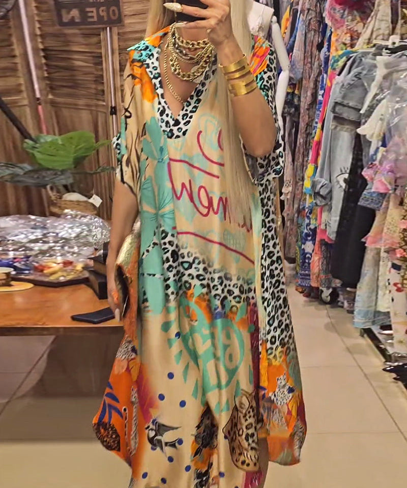 Casual Leopard and Colorful Print Deep V Dress