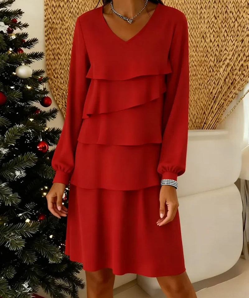 V-Neck Long Sleeve Tier Layer Dress