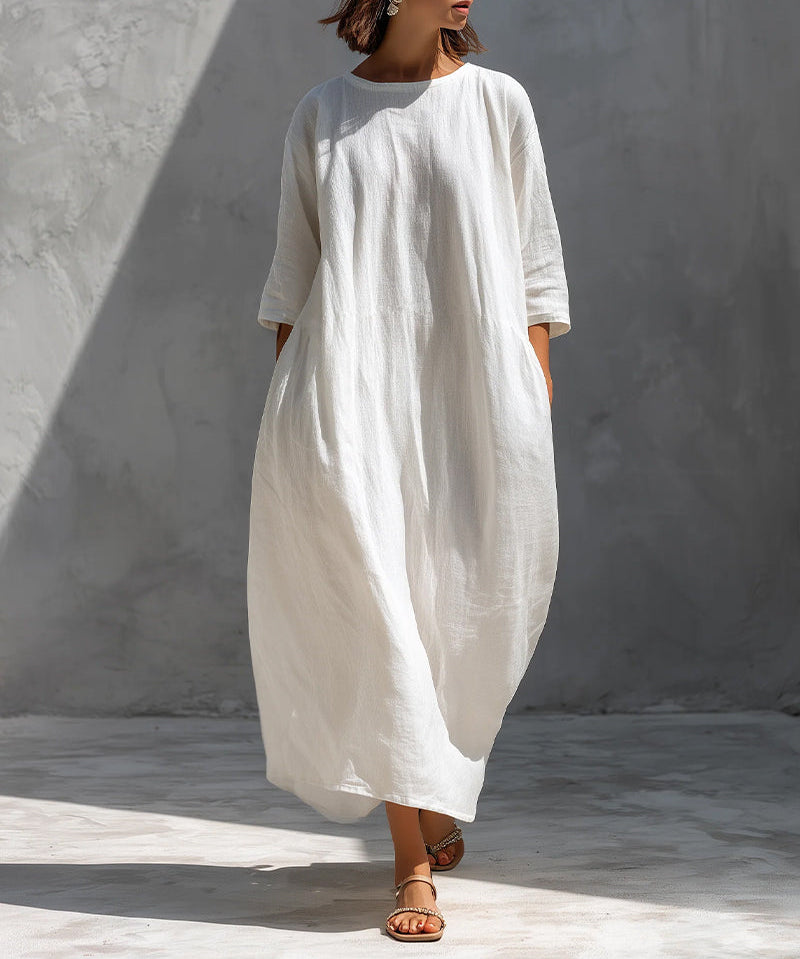 Half Sleeve Solid Color Loose Cotton Dress