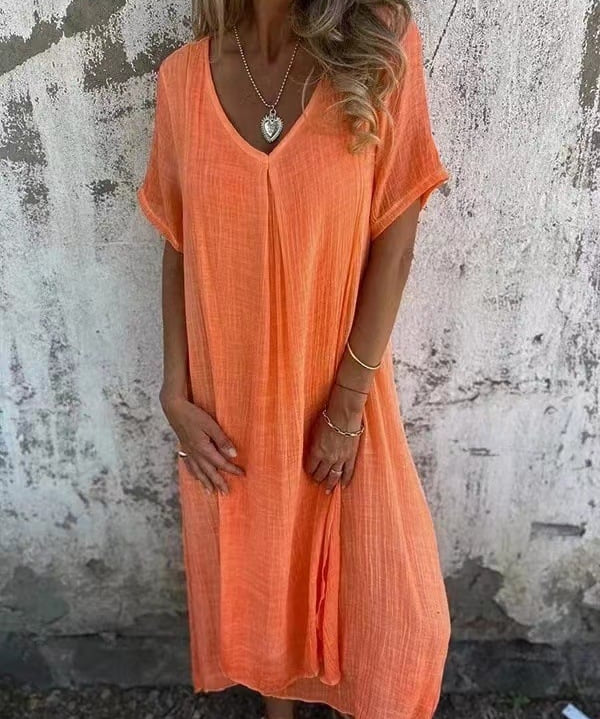 Cotton and Linen V-neck Midi Dress