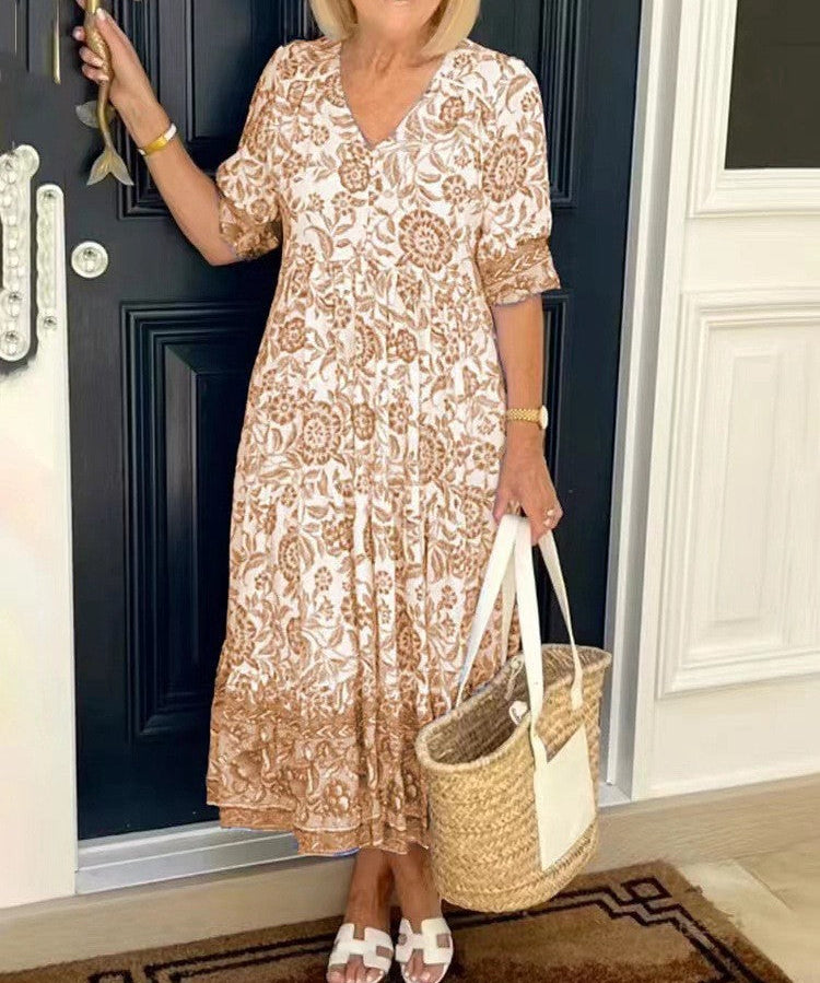 Deep V Half Sleeve Boho Tunic Dress