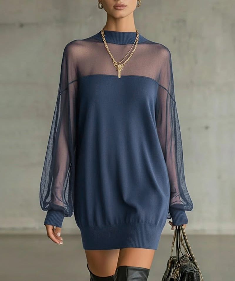 Lantern Sleeve Solid Color Patchwork Dress