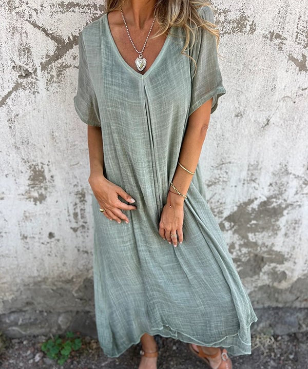 Cotton and Linen V-neck Midi Dress