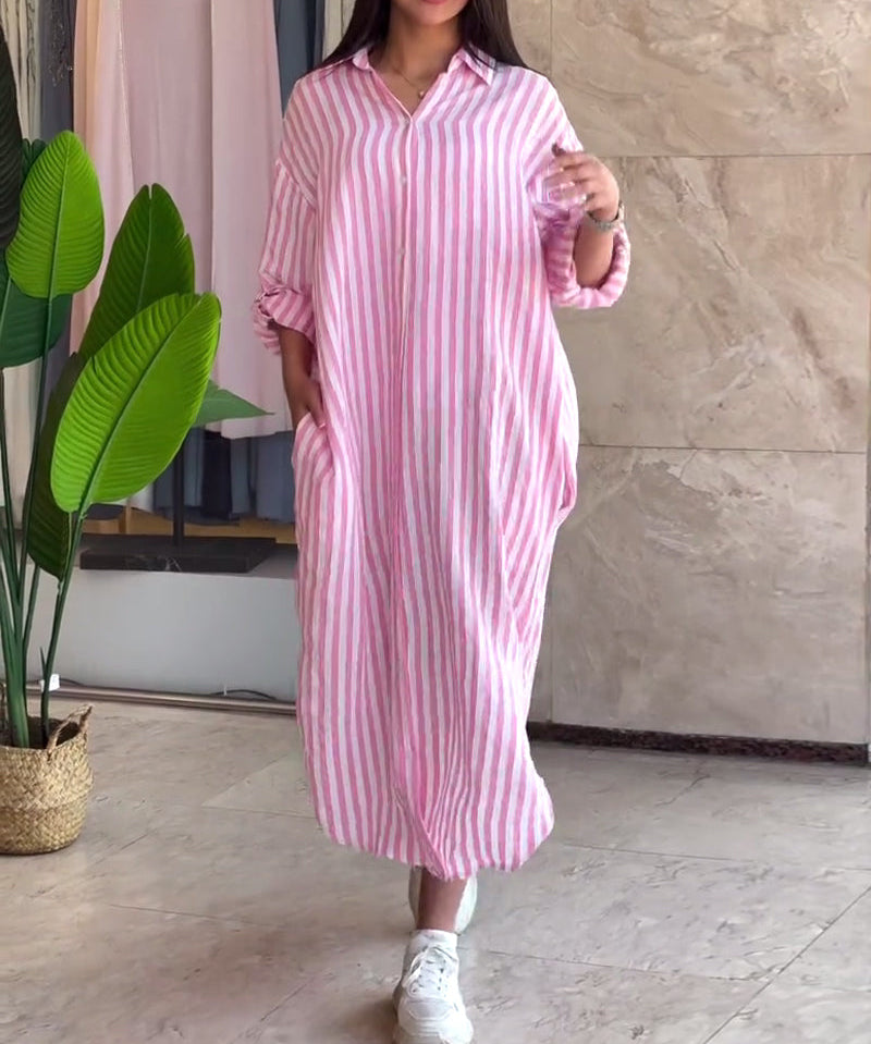 Loose Fit Shirt Dress with Classic Stripes