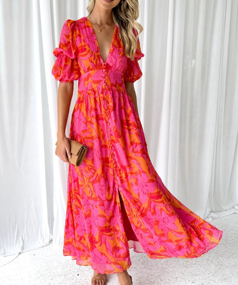 Puff sleeve printed deep V elegant dress