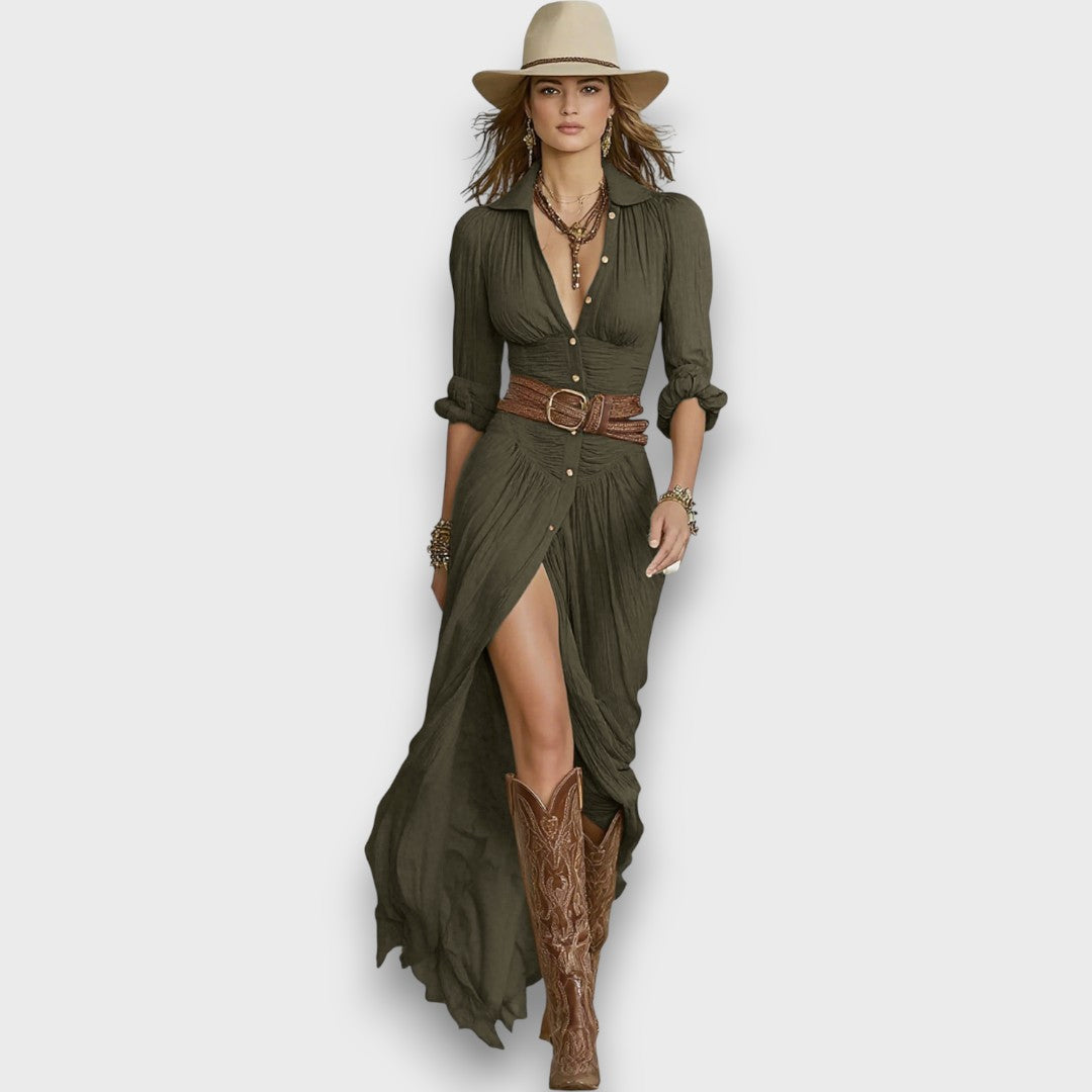 Selvya – Maxi Pleated Dress with Waist Belt